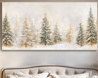 Winter Pine Forest Painting On Canvas 3D Textured Snowy Landscape Wall Art Scenic Winter Trees Art Large Living Room Wall Decor