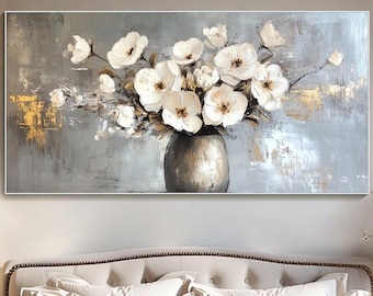 Große strukturierte Blumen Ölgemälde auf Leinwand Original weiße Blume gerahmt Wand Kunst moderne Impasto Wohnkultur beige und weiße Blumenmalerei