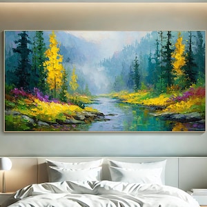 Pintura de paisaje de campo de flores silvestres de río sobre lienzo, escena de montaña verde, arte de pared texturizado, arte de pradera empaste, naturaleza campestre, decoración pacífica