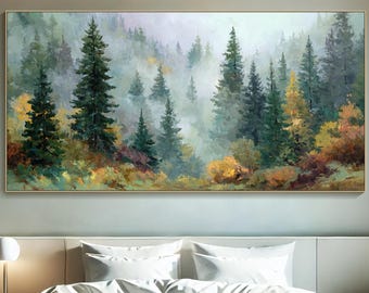Pintura de bosque brumoso sobre lienzo, arte de pared texturizado, arte de valle de montaña, arte de pino verde, decoración de bosque tranquilo grande, arte de pared para sala de estar