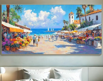Seaside Market Painting On Canvas 3D Texture Coastal Wall Art Mediterranean Village Scene Painting Vibrant Beachfront Art Living Room Decor