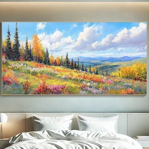 Arte de pared texturizado otoñal en 3D, pintura de prado de montaña sobre lienzo, arte impresionista de otoño, obra de arte de campo colorido de flores silvestres, arte para sala de estar