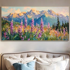 Pintura al óleo de gran paisaje de montaña sobre lienzo, arte de pared floral texturizado original, arte de pared enmarcado de campo colorido 3D, decoración natural para el hogar