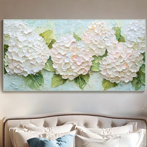 Textured White Hydrangea Oil Painting 3D Floral Impasto Textured Wall Ar Original Elegant Flower Painting Contemporary Unique Bedroom Decor
