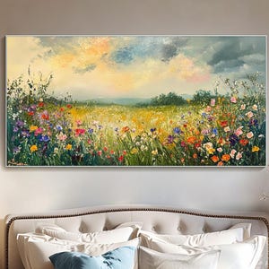 Pintura al óleo de paisaje de pradera de flores silvestres, flores de campo coloridas, arte de pared texturizado, arte impresionista floral, arte de atardecer primaveral, decoración de cocina grande
