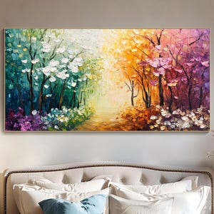 Large Vibrant Textured Landscape Wall Art Colorful Forest Oil Painting On Canvas Trees Dreamy Nature Scenery Painting Unique Over Sofa Decor