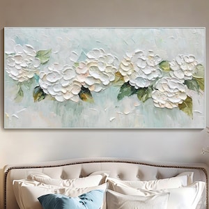 3D White Hydrangea Floral Oil Painting Botanical Textured Impasto Flower Wall Art Minimalist Modern Farmhouse Artwork Living Room Wall Decor