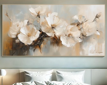 3D Neutral Floral Textured Wall Art Elegant White Flower Oil Painting On Canvas Impasto Oversize Botanical Wall Art Modern Living Room Decor