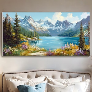 Forest Landscape Hand Painted Oil Painting On Canvas Lake Mountain Nature Textured Wall Art Vibrant Spring Boho Painting Large Bedroom Decor