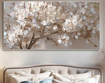 Floral Textured Wall Art Large White Blossom Painting on Canvas Abstract Botanical Beige Cream  Canvas Modern Luxury Living room Wall Decor