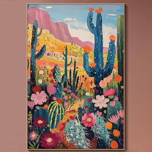 Original Cactus Flowers Painting On Canvas 3D textured Wall Art Vibrant Desert Living Room Wall Art Unique Matisse Style Impressionist Art