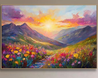 May include: A framed landscape painting depicts a vibrant mountain scene. The artwork showcases a colorful sunset over rolling hills and a valley filled with wildflowers. The painting is displayed above a fireplace.