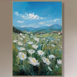 3D Wildflower Large Mountain Oil Painting On Canvas Blue Nature Textured Landscape Wall Art White Floral Fresh Wall Art Living Room Decor