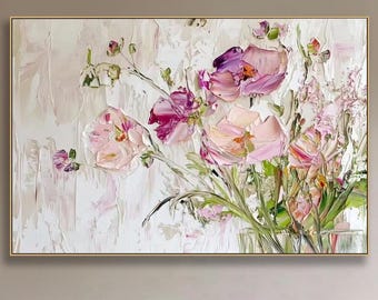 Impasto Pink Abstract Flower Oil Painting On Canvas Original Palette Knife Art Textured White Wall Art Floral Large Wall Art Over Sofa Decor