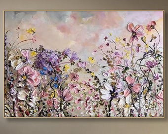 Textured Wildflower Meadow Texture Wall Art Painting on Canvas Soft Pink Purple Blooms Art 3D Impasto Floral Art Living room Wall Decor