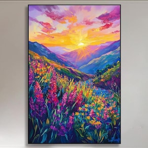 Large Mountain Sunset Oil Painting On Canvas Textured Wildflower Landscape Wall Art Sunrise And Floral Canvas Wall Art Handmade Wall Decor