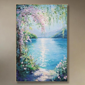 Large 3D Textured Lake Landscape Oil Painting Original Abstract Water Scene Canvas Wall Art Floral Nature Home Decor Handmade Spring Art