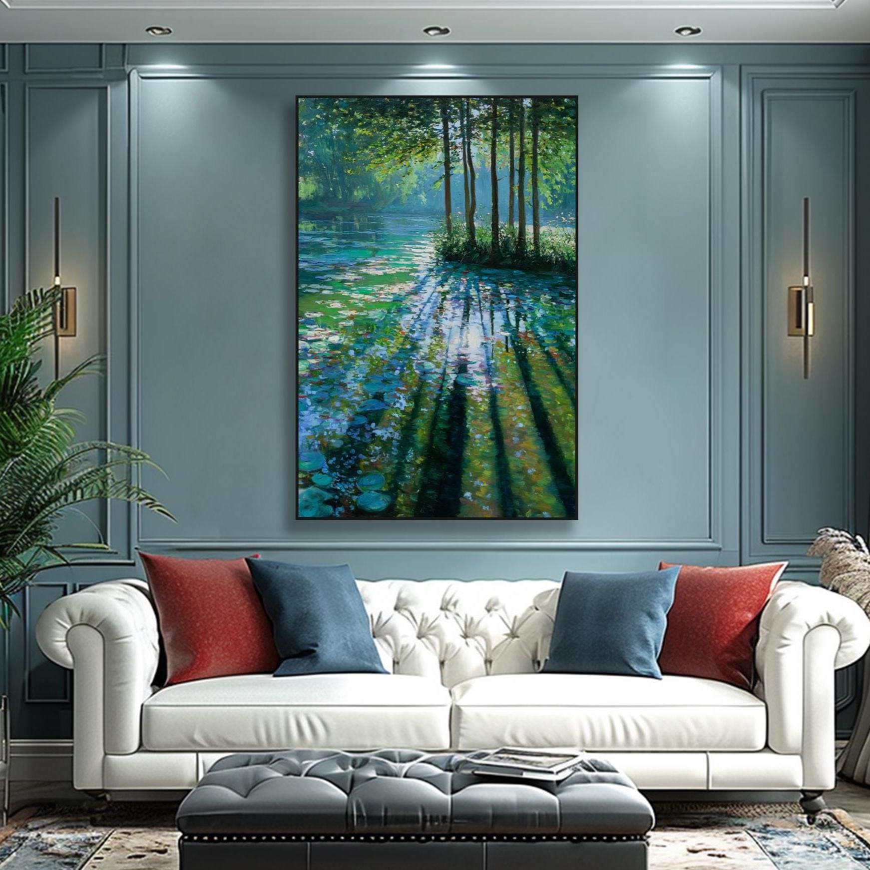 Impressionist Forest Lake Painting on Canvas Green Blue Reflection Oil ...
