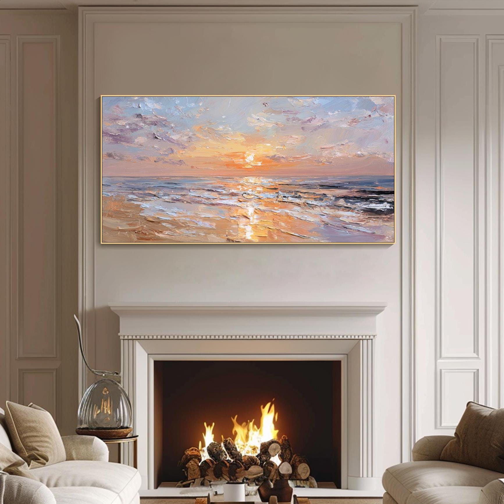 Pink Sunset Seascape Oil Painting on Canvas Ocean Waves Heavy Texture ...
