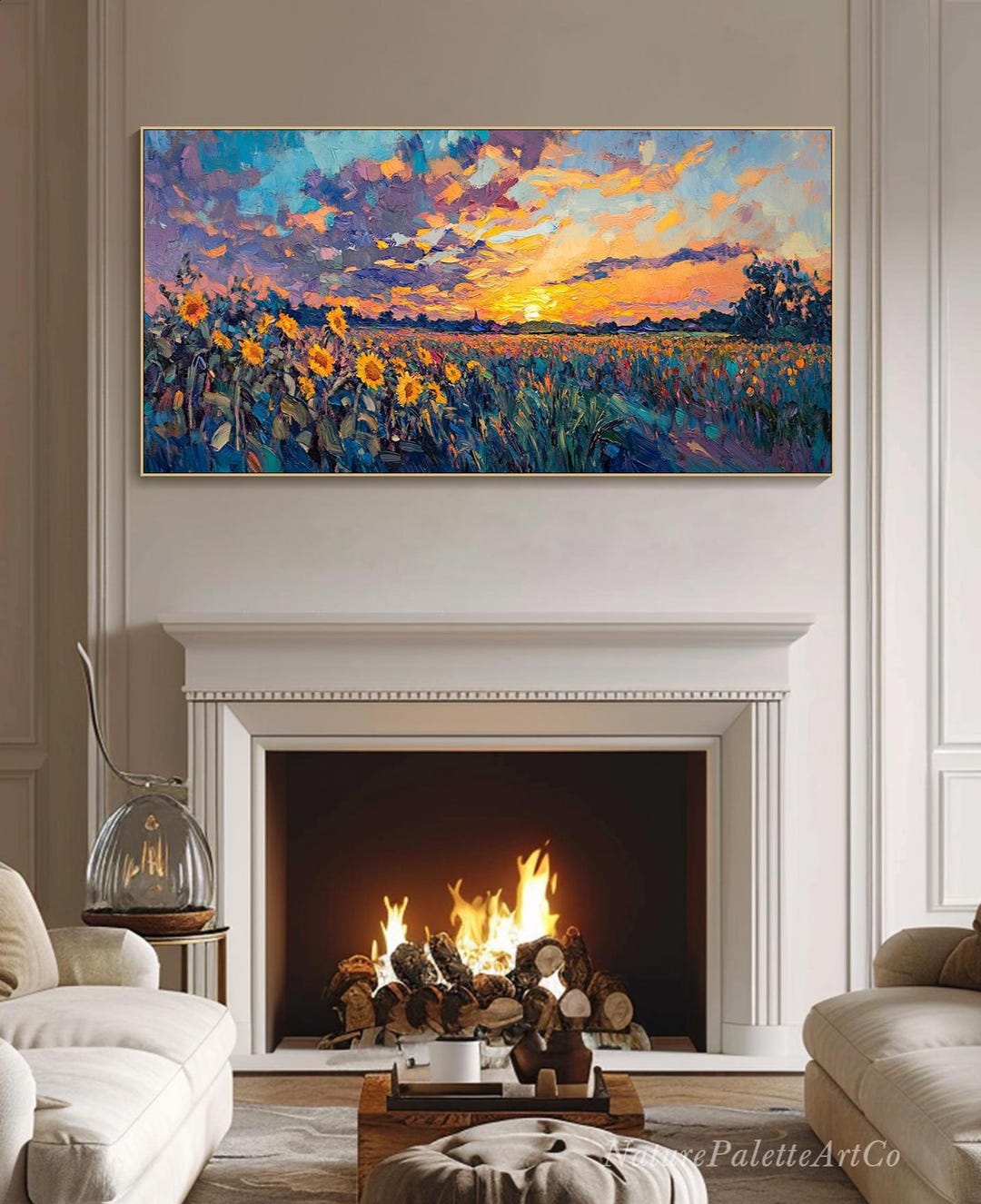 Sunset Landscape Oil Painting on Canvas Vibrant Wildflowers Textured ...