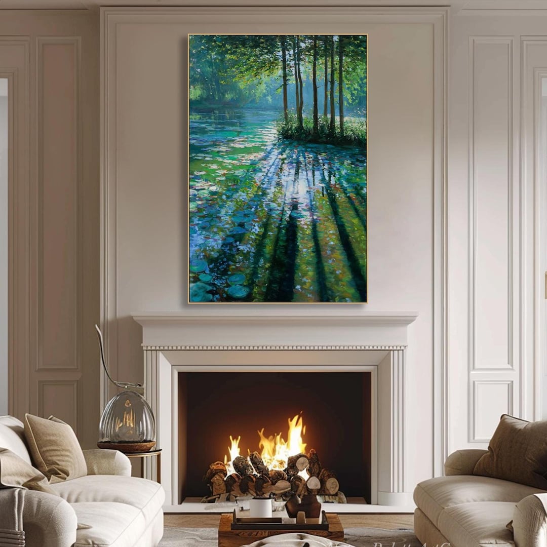 Impressionist Forest Lake Painting on Canvas Green Blue Reflection Oil ...