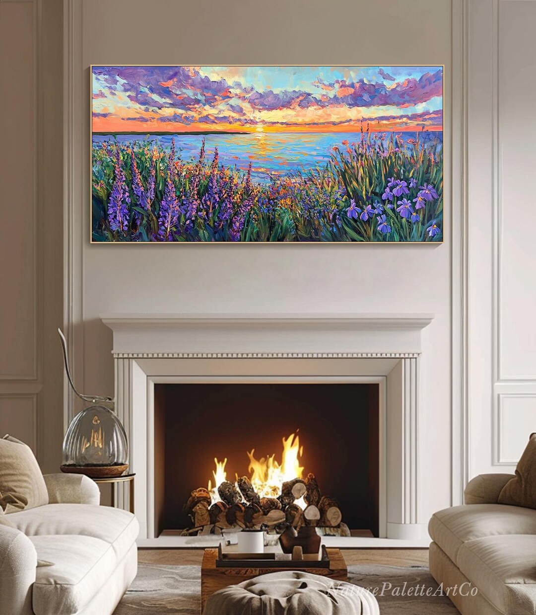 Nature Lake Sunset Landscape Oil Painting on Canvas Wildflowers ...