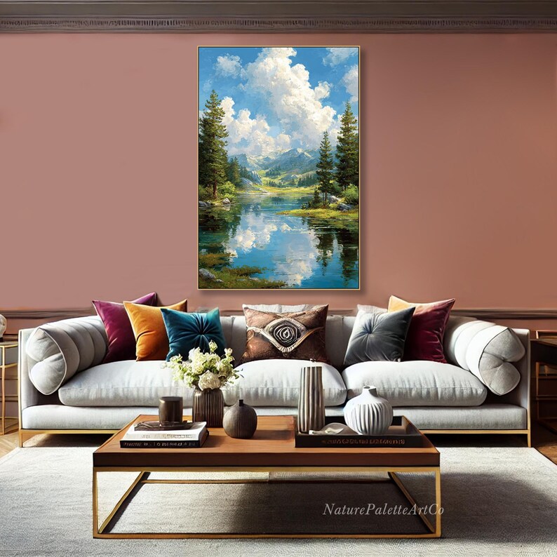 3D Forest Oil Painting on Canvas Vertical River Landscape Textured Wall ...