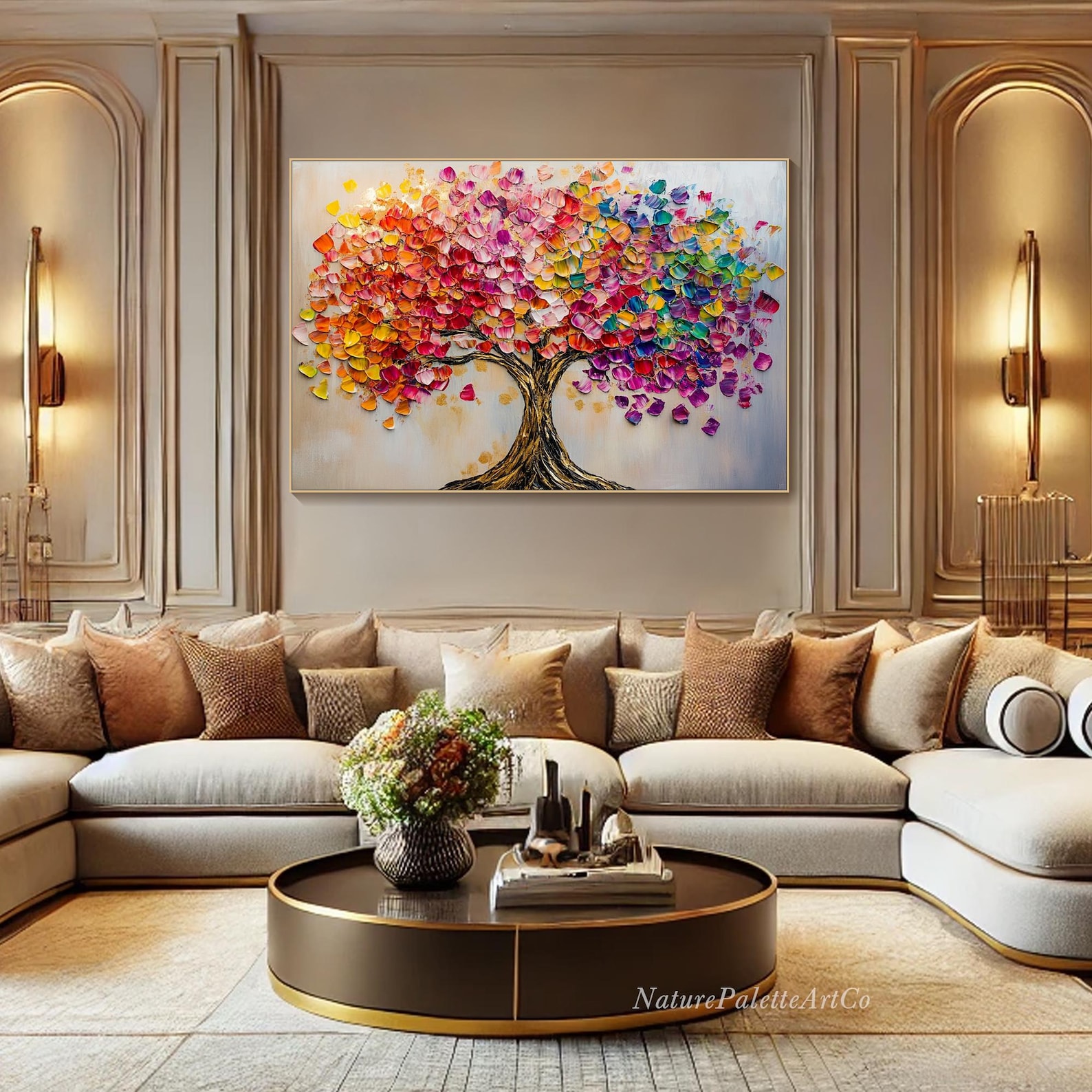 Colorful Abstract Tree Painting on Canvas 3D Textured Rainbow Petal ...