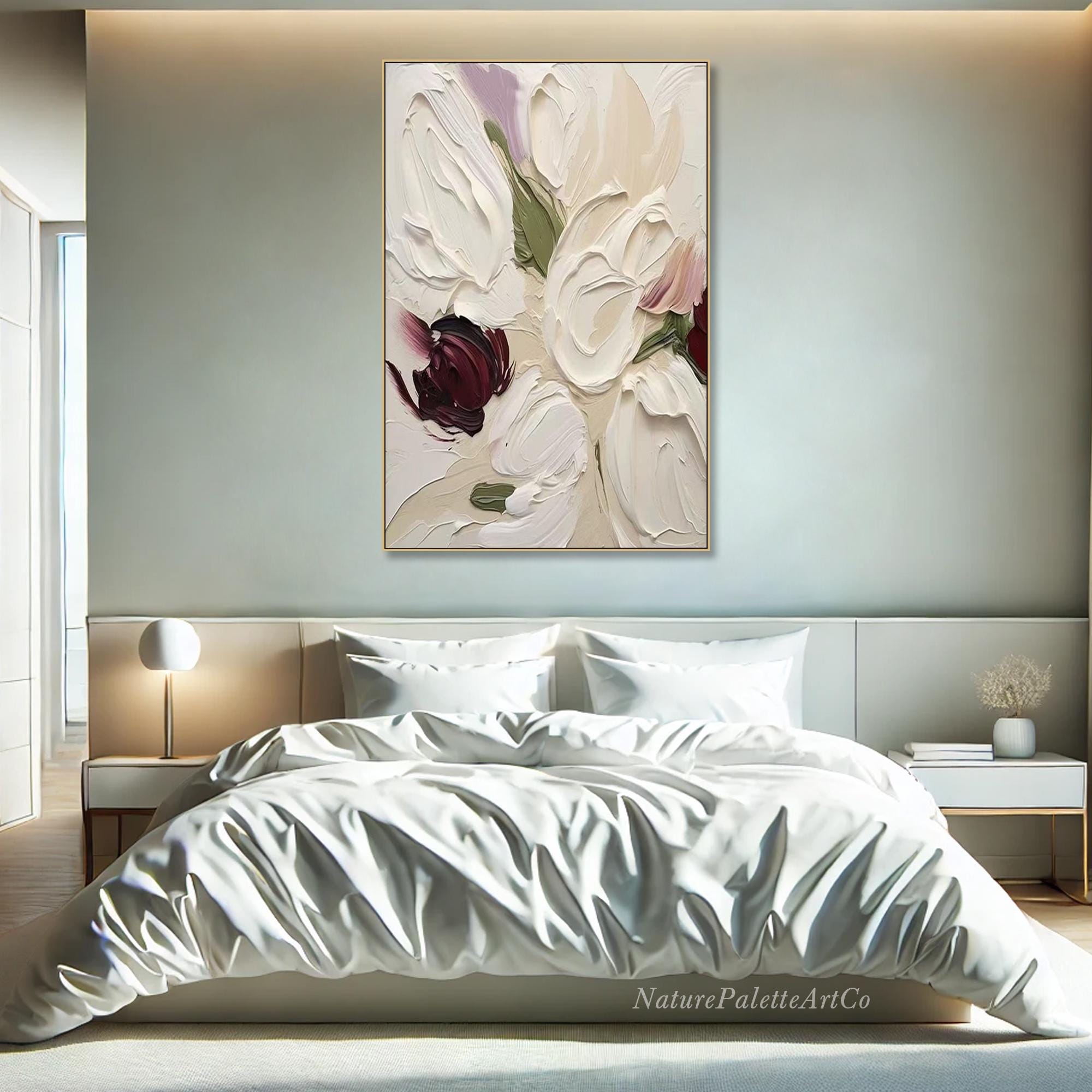 Original Floral Painting on Canvas 3D Textured Wall Art Modern White ...