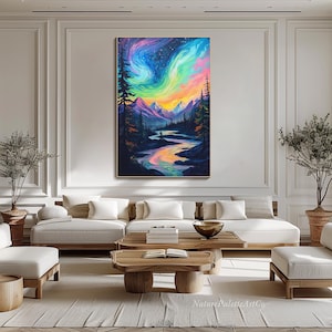 May include: A painting of a colorful aurora borealis over a mountain range and a river. The sky is a deep blue with streaks of pink, green, and yellow. The mountains are dark and silhouetted against the sky. The river is a light blue and winds through the valley.