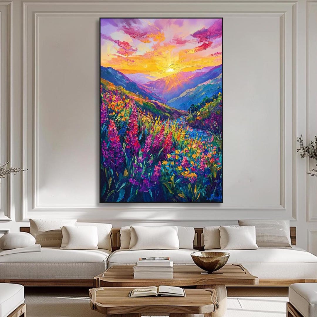 Large Mountain Sunset Oil Painting on Canvas Textured Wildflower ...