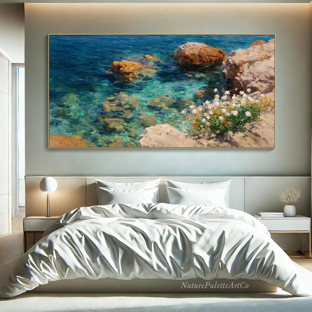 Coastal Seaside Painting on Canvas Mediterranean Wall Art Turquoise ...