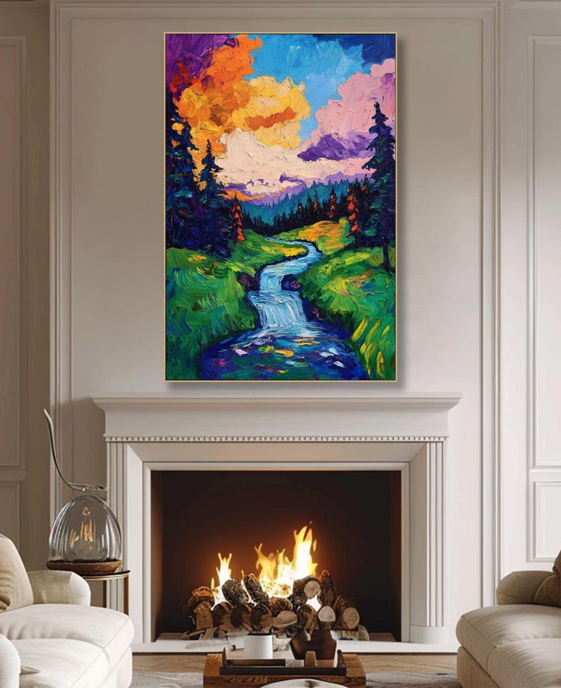 Colorful Waterfall Landscape Oil Painting Sunset Forest Canvas Art ...