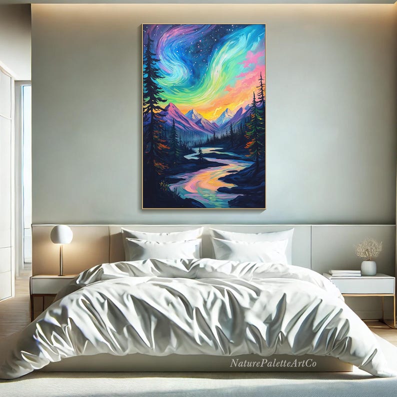 May include: A painting of a colorful aurora borealis over a mountain range and a river. The sky is a deep blue with streaks of pink, green, and yellow. The mountains are dark blue and purple, and the river is a light blue. The painting is framed in a gold frame.