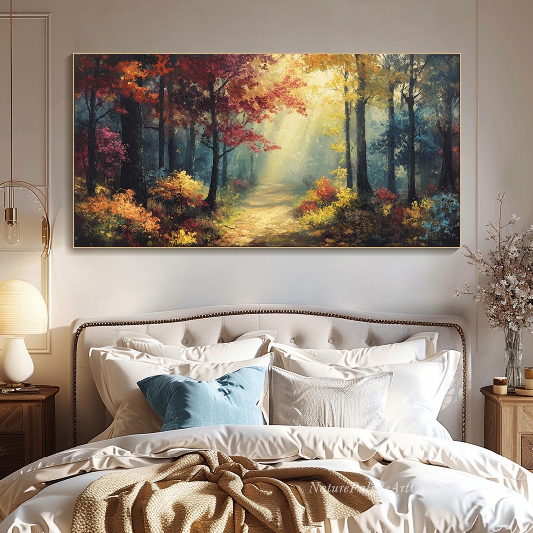 Autumn Forest Path Painting on Canvas 3D Sunlit Woodland Textured Wall ...