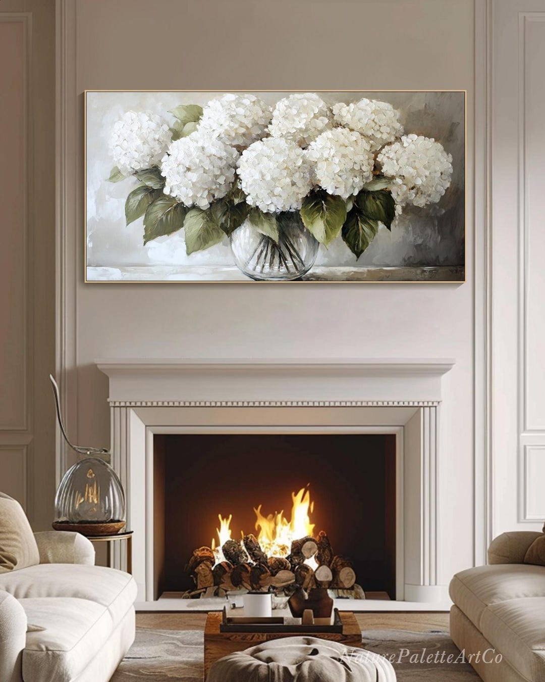 White Hydrangea Flower Painting 3D Textured Floral Neutral Wall Art ...