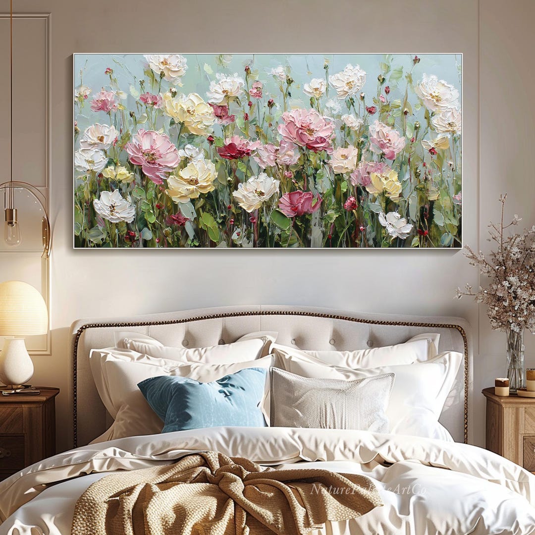 Large Pink White Flower Painting on Canvas Texture Floral Wall Art ...