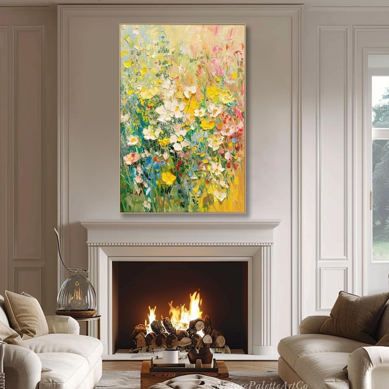 May include: An abstract floral painting in a gold frame. The artwork depicts a vibrant array of yellow, white, pink, and blue flowers. The painting is displayed above a fireplace in a living room.