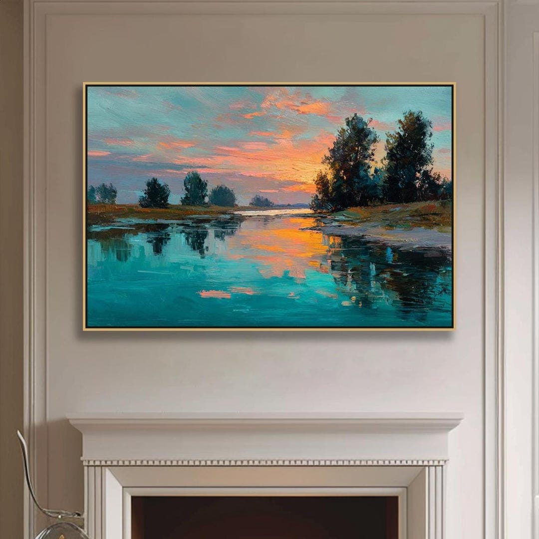 Original Sunset River Landscape Oil Painting Hand Painted Textured ...