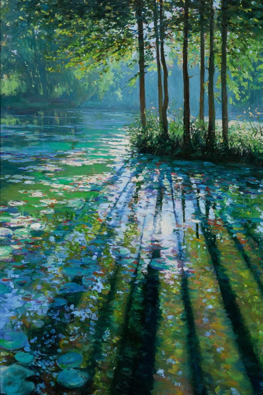 Impressionist Forest Lake Painting on Canvas Green Blue Reflection Oil ...