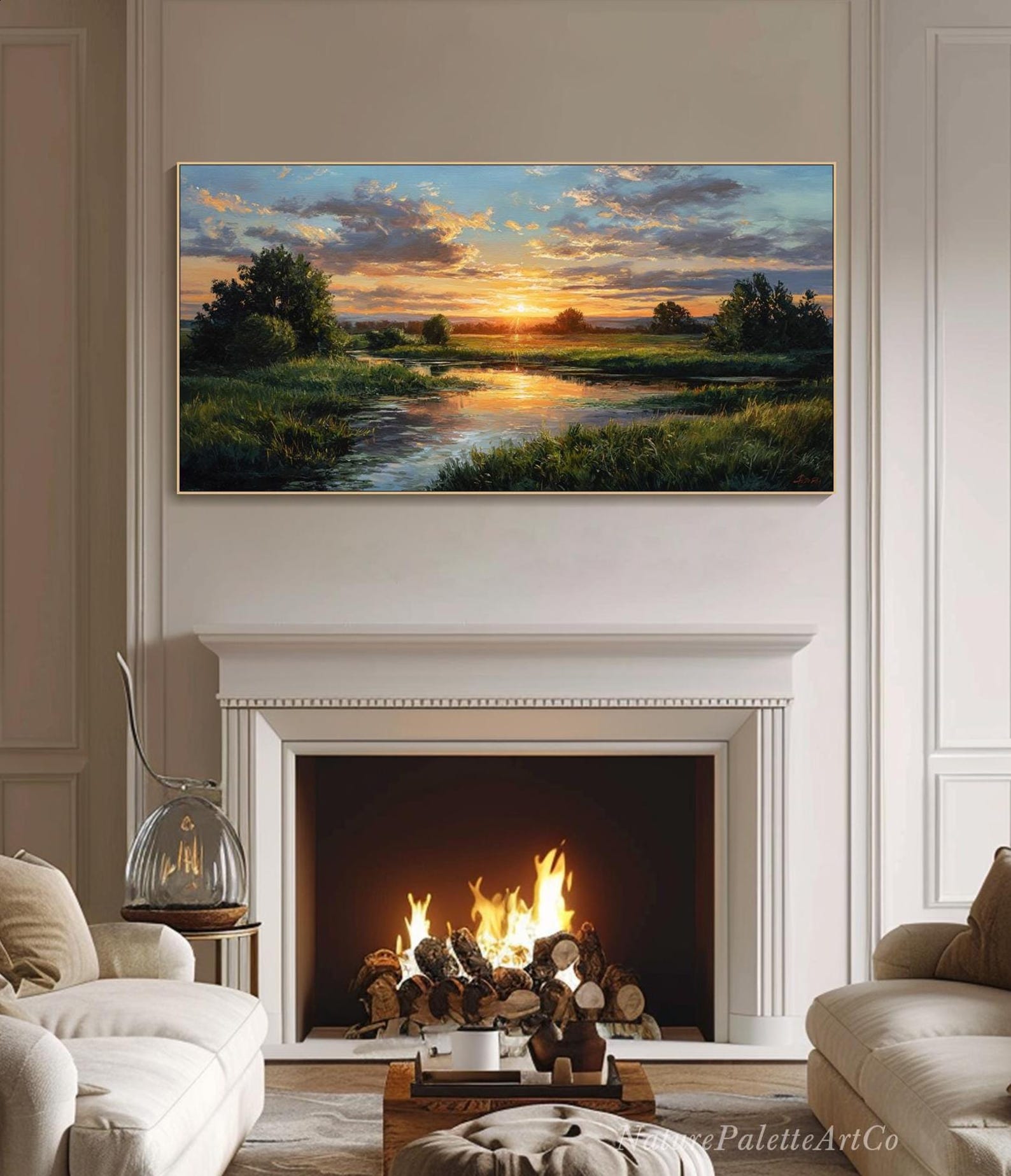 Sunset River Landscape Oil Painting on Canvas Evening Meadow Impasto ...