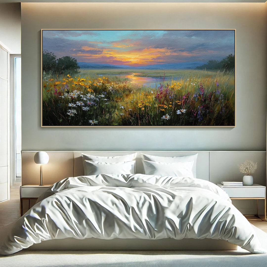 Sunset Wildflower Landscape Oil Painting Original Sunrise River Scenery ...