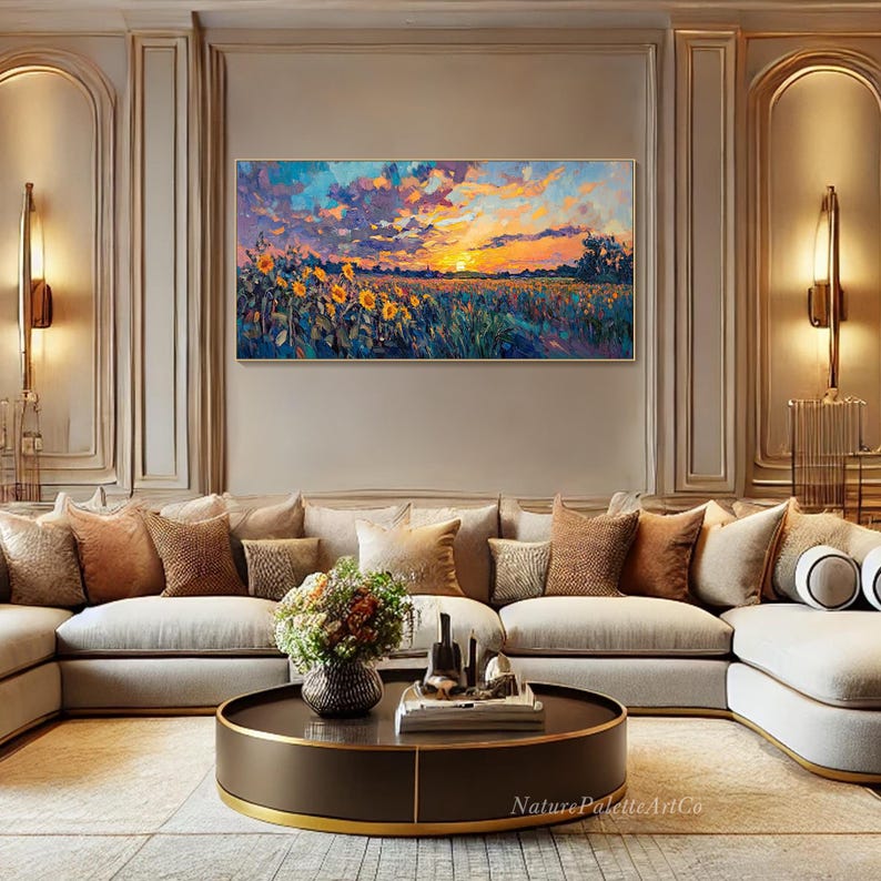 Sunset Landscape Oil Painting on Canvas Vibrant Wildflowers Textured ...