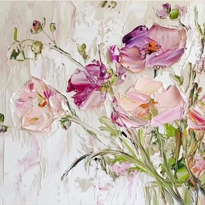 May include: A painting of a bouquet of pink and purple flowers in a clear glass vase. The flowers are painted with thick brushstrokes, giving them a textured appearance. The background is a light cream color.