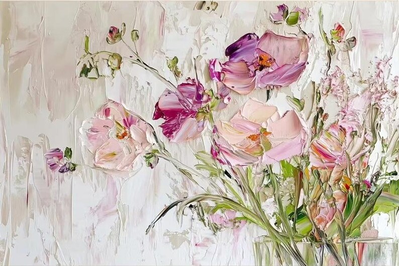 May include: A painting of a bouquet of pink and purple flowers in a clear glass vase. The flowers are painted with thick brushstrokes, giving them a textured appearance. The background is a light cream color.