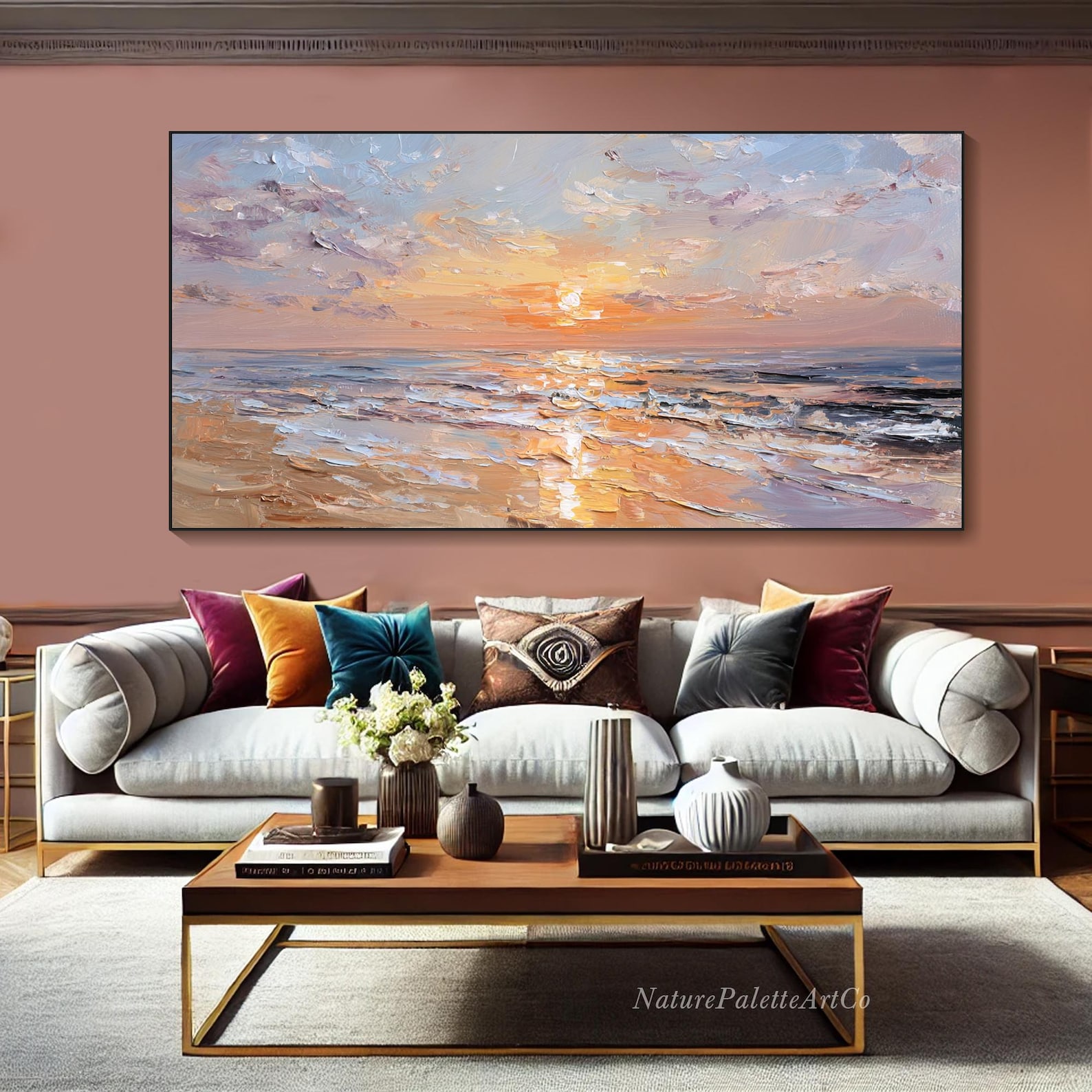 Pink Sunset Seascape Oil Painting on Canvas Ocean Waves Heavy Texture ...