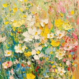 May include: An impressionistic painting of a vibrant wildflower meadow. The artwork features a textured application of paint, showcasing a variety of colourful blooms in shades of yellow, white, pink, and blue, set against a soft, warm background.