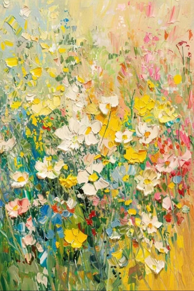 May include: An impressionistic painting of a vibrant wildflower meadow. The artwork features a textured application of paint, showcasing a variety of colourful blooms in shades of yellow, white, pink, and blue, set against a soft, warm background.