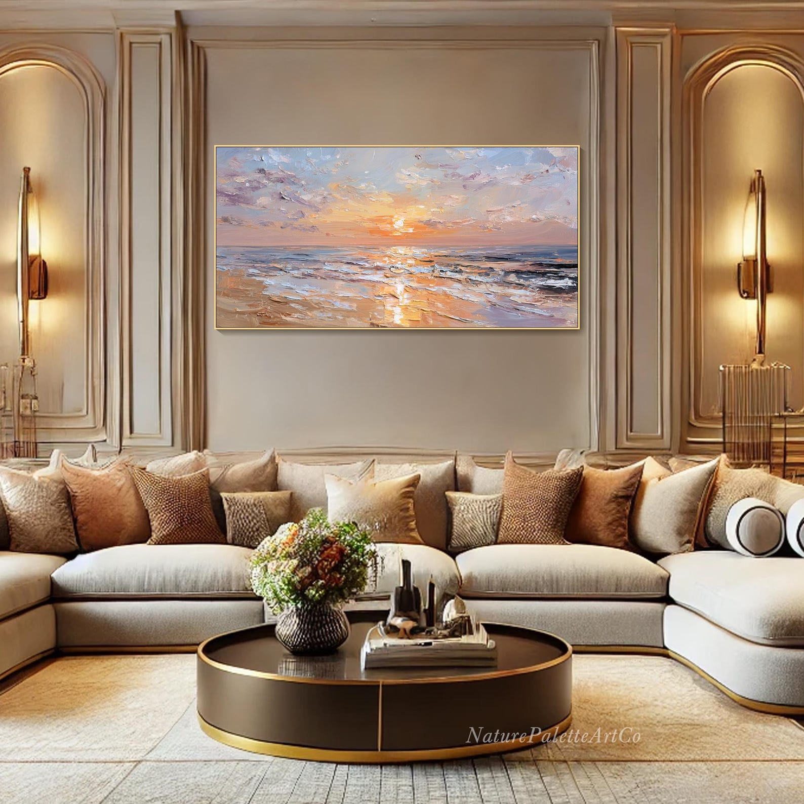 Pink Sunset Seascape Oil Painting on Canvas Ocean Waves Heavy Texture ...
