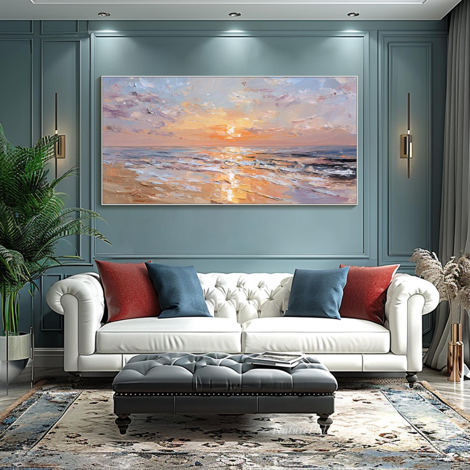Pink Sunset Seascape Oil Painting on Canvas Ocean Waves Heavy Texture ...